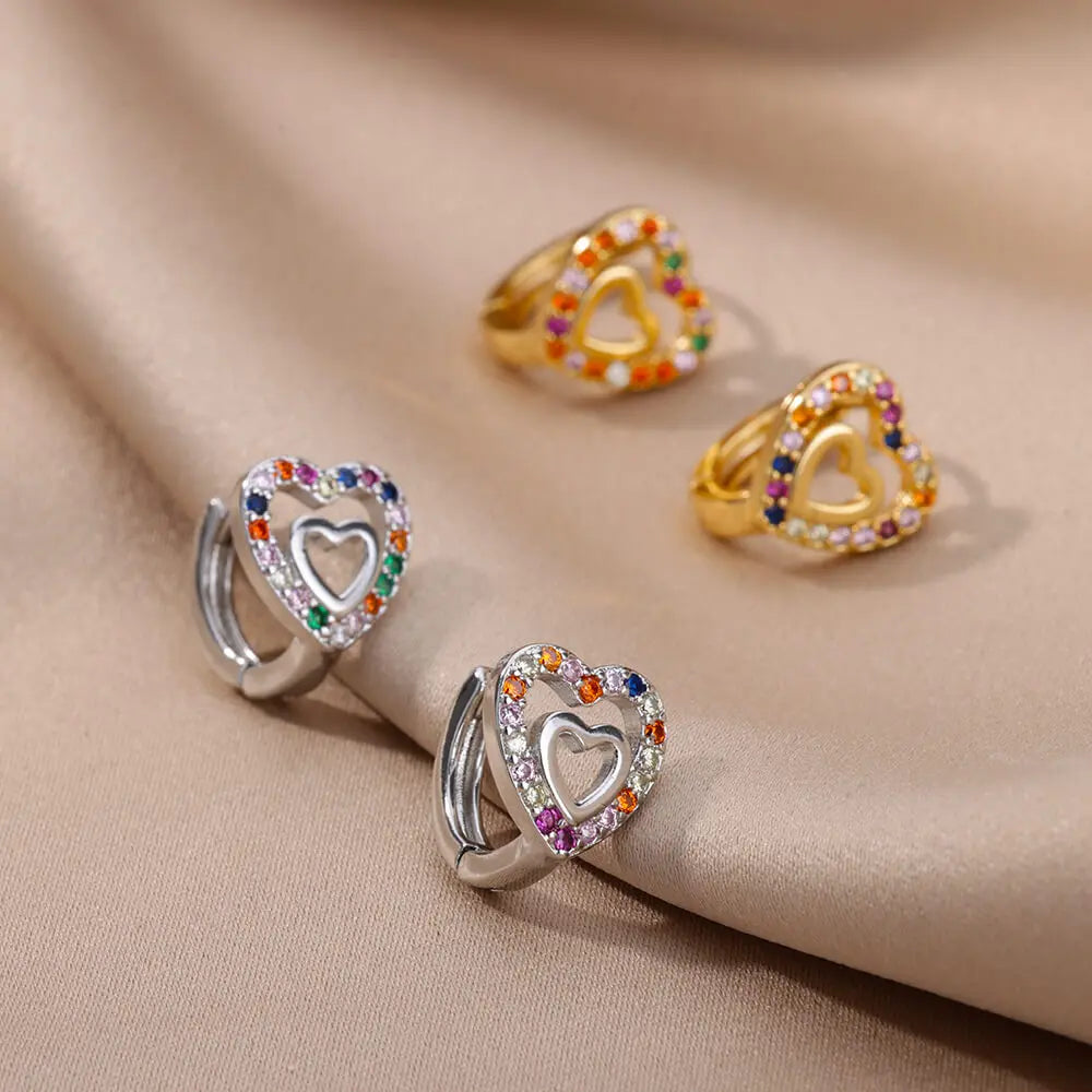 ✨ Hollow Zircon Heart Earrings – Gold Stainless Steel Wedding Jewelry 🔷 أقراط قلب مجوفة مرصعة بالزركون – ستانلس ستيل ذهبي فاخر للنساء والمناسبات